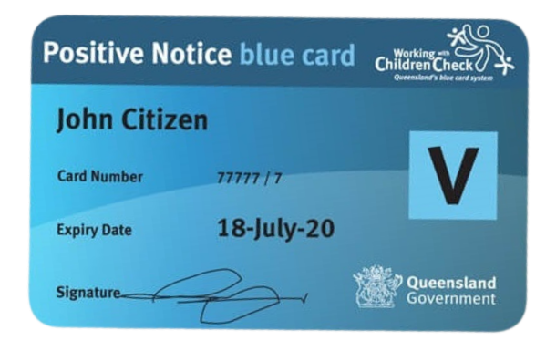 Blue Queensland government Positive Notice blue card for John Citizen, card number 7777777, expired July 18, 2020, with signature and a large black V on the right side.