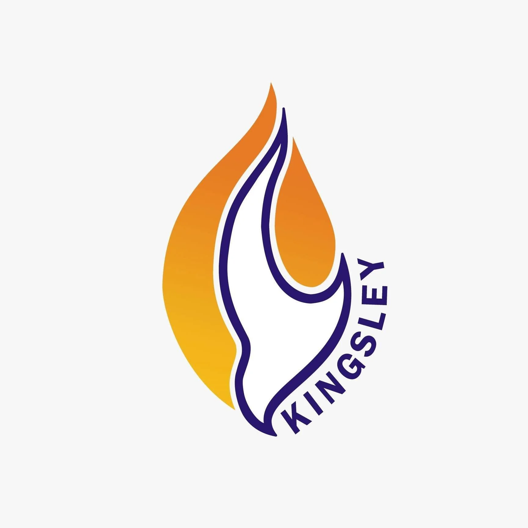 A logo with a stylized flame and a hand outline, with the word "KINGSEY" curved around the right side of the flame.