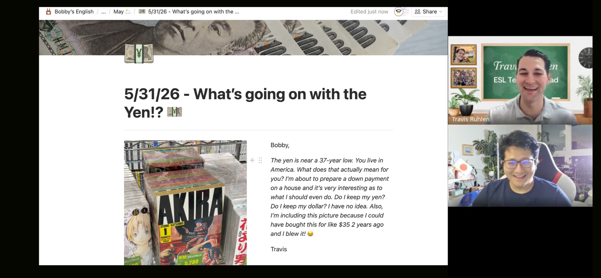 Screenshot of a virtual meeting discussing the Japanese Yen, with a presentation slide, two smiling men, Japanese manga mangas on display, and a background with plants and a green chalkboard.