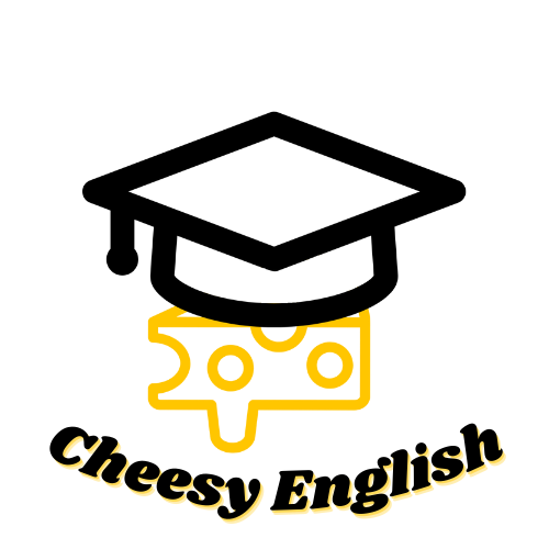 Logo of a stylized yellow cheese piece with the words "Cheesy English" written below.