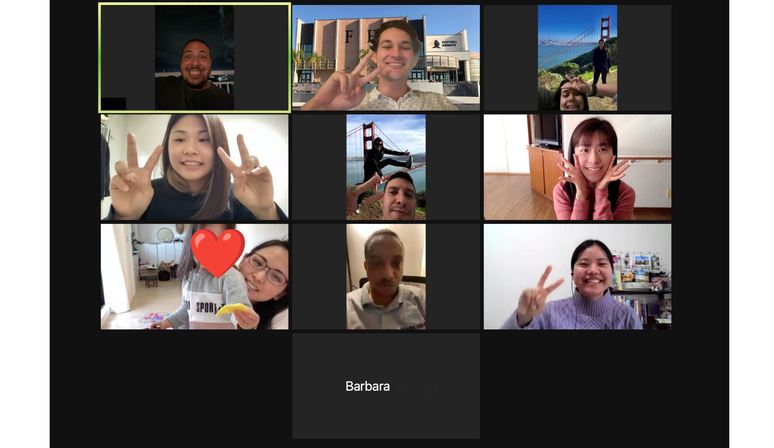 A screenshot of a video call with multiple people, some making peace signs or gestures, in various indoor and outdoor settings with backgrounds of buildings, bridges, and rooms.