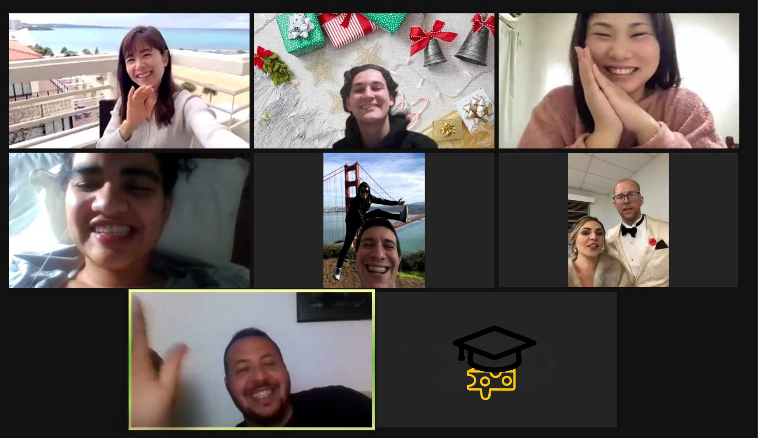 A screenshot of a virtual video call with several people smiling and posing for the camera, including some with holiday decorations and iconic landmarks like the Golden Gate Bridge.