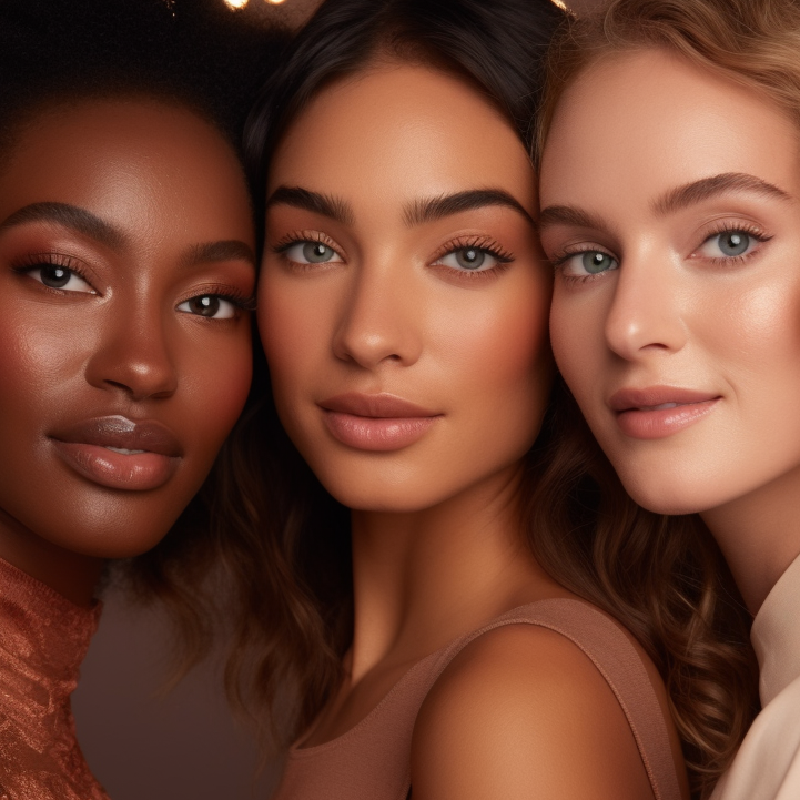 Close-up of three women with diverse skin tones and hair colors, posing together.