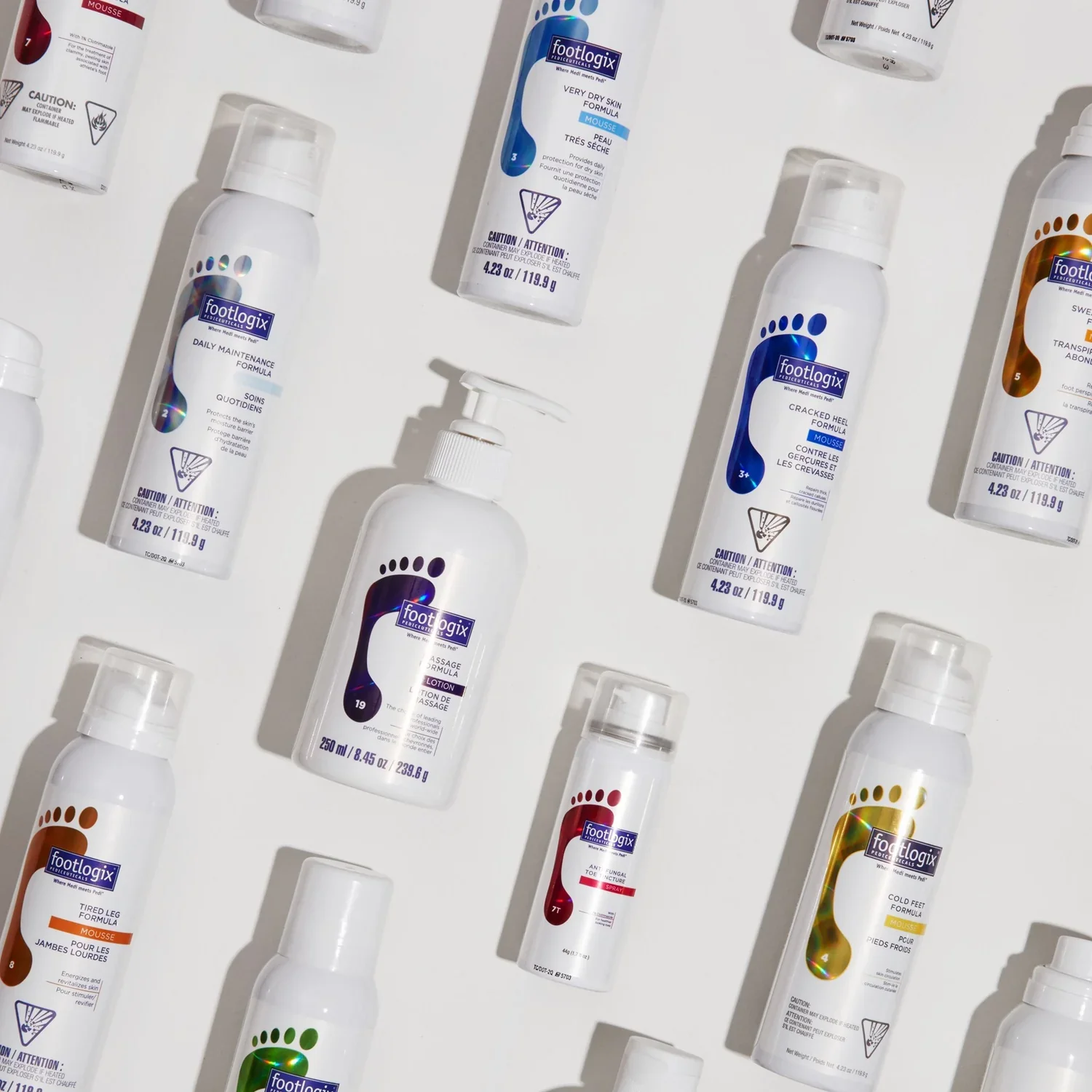 A flat layout of multiple Footlogix foot care products with white bottles, each with a different label color, including blue, purple, red, green, and brown, arranged on a white surface casting shadows.