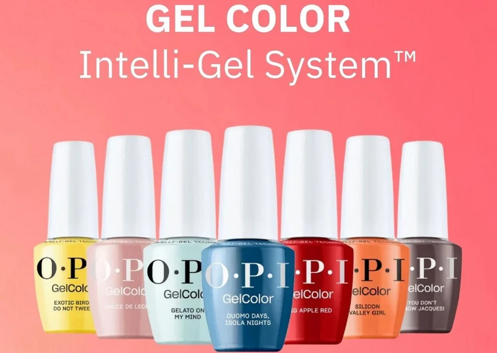 Six bottles of OPI gel nail polish in yellow, pink, light blue, dark blue, red, orange, and black, displayed against a pink background with the words 'GEL COLOR Intelli-Gel System' at the top.