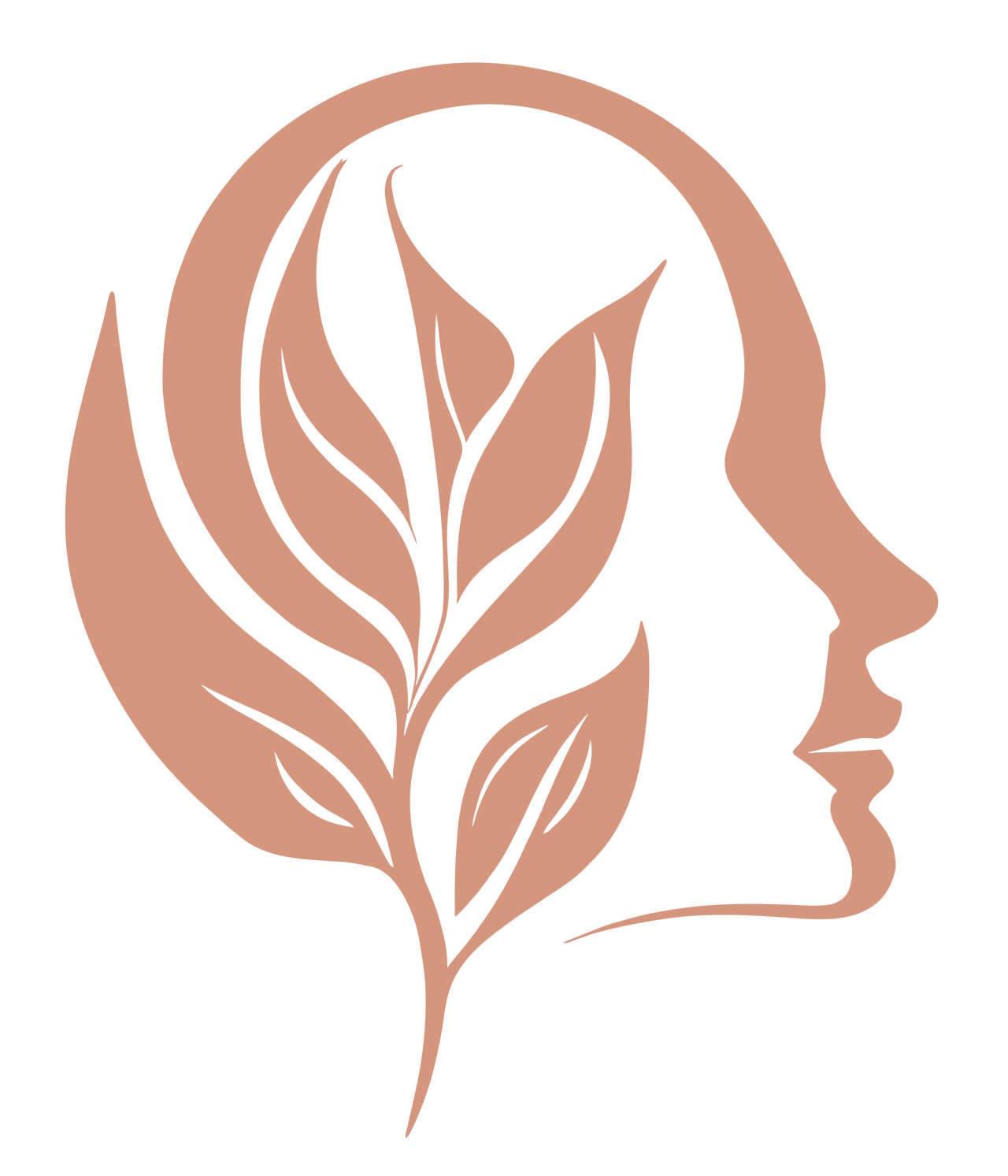 A line art illustration of a human face profile with a floral design and illumination on the face, blending into the head and mind, in beige color.