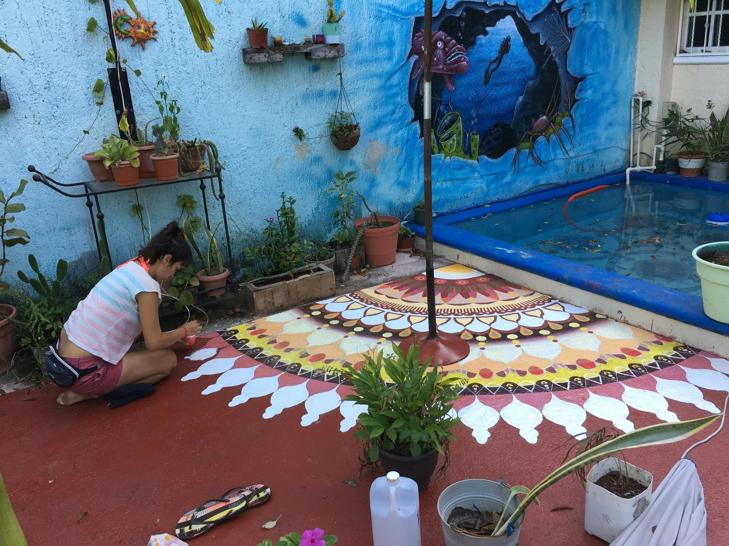 Mandala on the floor in Mexico, Cozumel Island
2019
La Casona
​
Painted with acrylic.
Diameter: 3.5 m