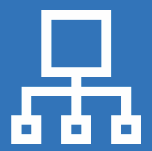 White network diagram with a square at the top connected to three smaller squares below on a blue background.