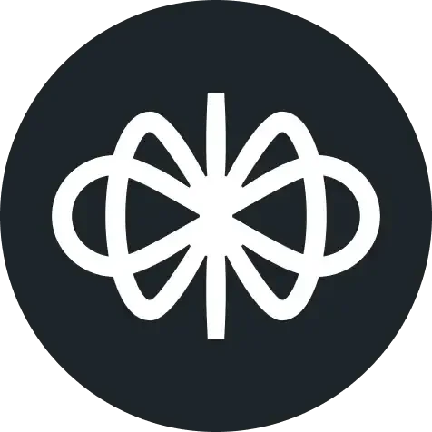 A white geometric logo resembling a symmetrical butterfly or bowtie shape on a black circular background.