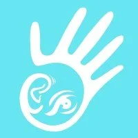White hand with a baby face in the palm on a blue background