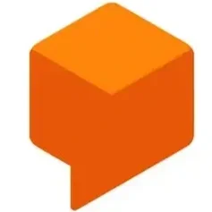 Orange speech bubble with a cube top, resembling a chat or messaging icon.
