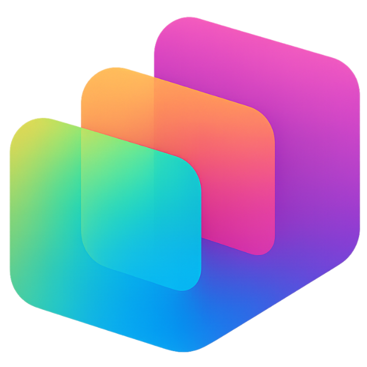Three overlapping rounded squares in gradient rainbow colors, stacked in a 3D arrangement.