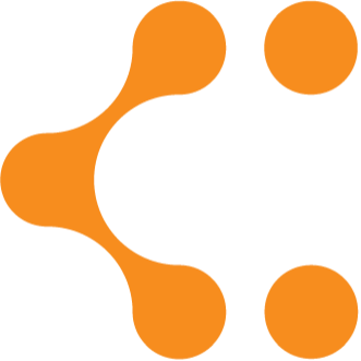 Orange logo with three large circles connected to a central point and three smaller circles at the edges.