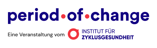 Textlogo mit den Worten 'period of change' und 'Institut für Zyklusgesundheit' auf schwarzem Hintergrund.