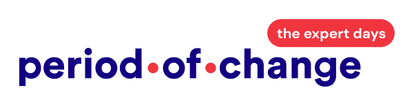 Logo mit dem Text "period·of·change" in blauer Schrift, mit rotem Labelsatz "the expert days" in der oberen rechten Ecke.