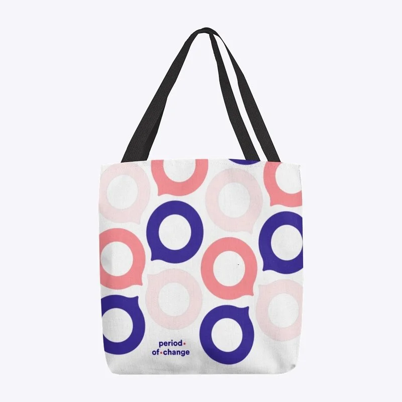Weiße Tragetasche mit rosa und blauen Kreisen und dem Text "period of change".
