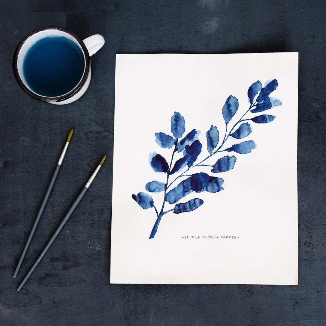 Aquarellzeichnung eines blauen Zweigs mit Blättern, mit der Aufschrift "Indigo Flower Garden" darunter, neben einem Pinsel und einer Tasse blauer Tinte auf einem dunklen Tisch.