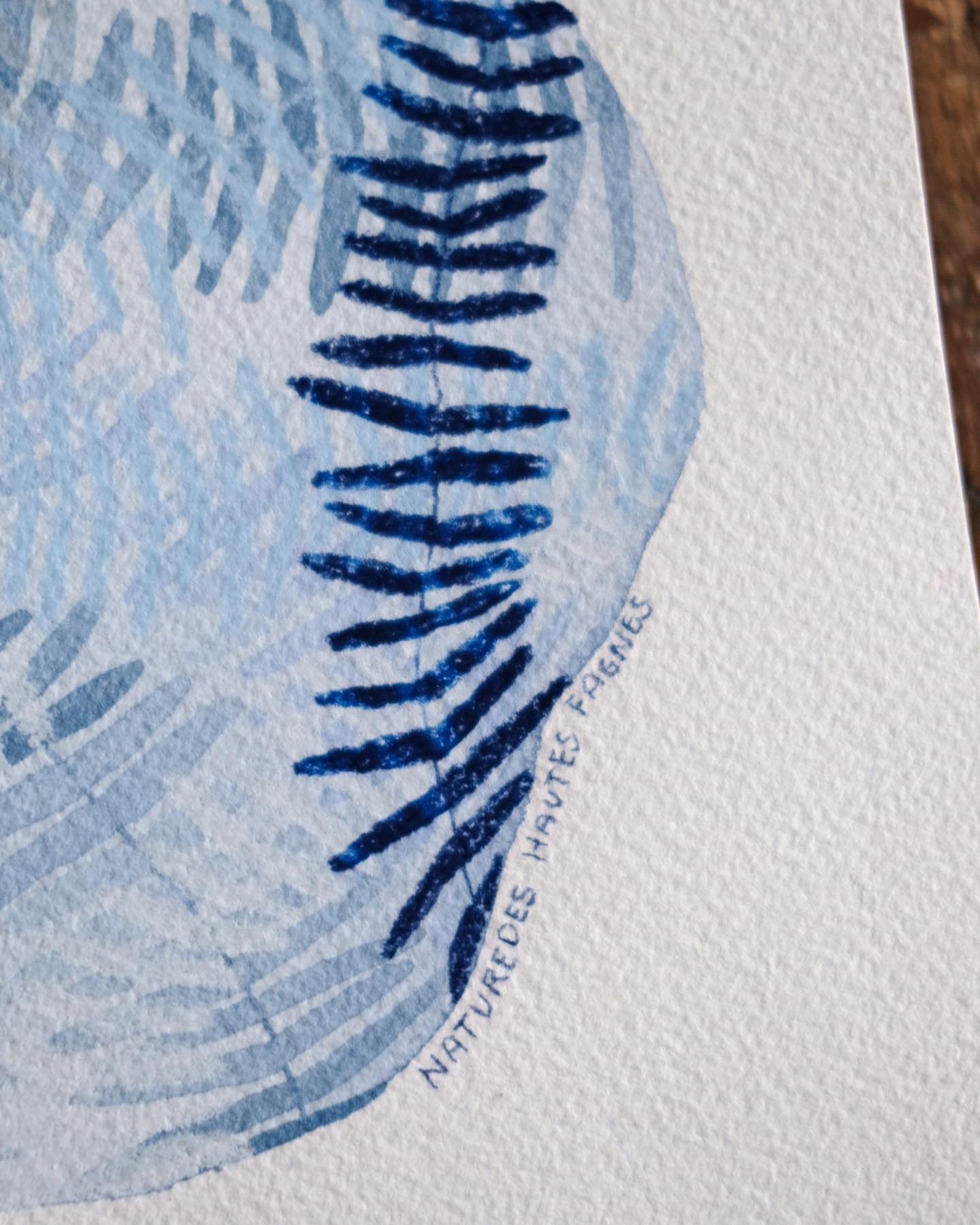 Nahaufnahme einer blauen, gezeichneten Buntstiftzeichnung mit Elementen aus der Natur.