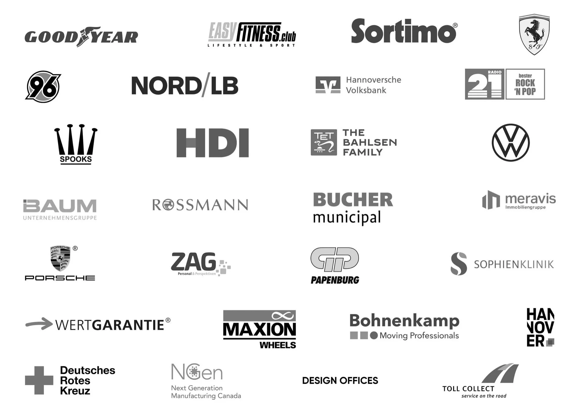 Sammlung verschiedener Firmenlogos, darunter Goodyear, Easy Fitness, Sortimo, Ferrari, Radio 21, Nord/LB, Hannoversche Volksbank, Spooks, HDI, The Bahlsen Family, VW, Baum, Rossmann, Bucher municipal, Meravis, Porsche, ZAG, Papenburg, Sophienklinik, Wertgarantie, Maxion Wheels, Bohnenkamp, Hannover, Deutsches Rotes Kreuz, Next Generation Manufacturing, Design Offices, Toll Collect.