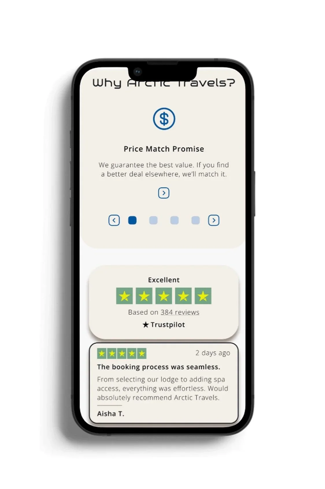 High-fidelity mobile mockups of Arctic Travels ski booking platform highlighting key features - Price Match Promise.