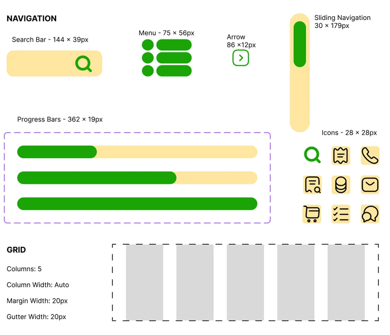 Design system showing navigation elements (search bar, menu, arrow, sliding navigation), progress bars, icons and five column grid layout