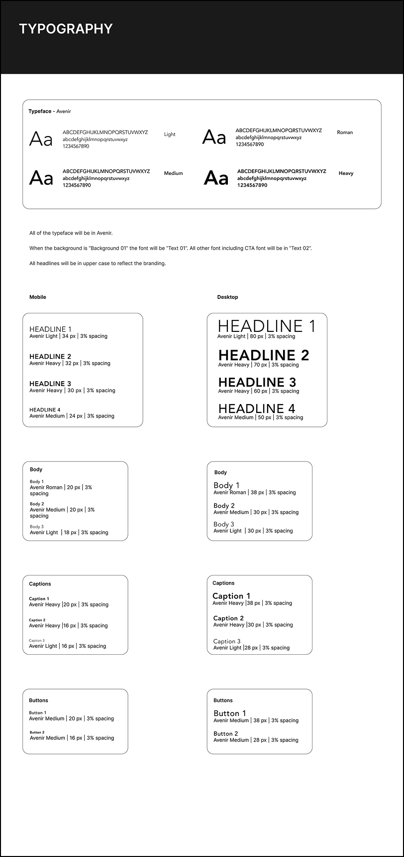 Design system for Artisan Bakery Co. project showing typography styles using Avenir for headlines, body text, captions, and buttons.