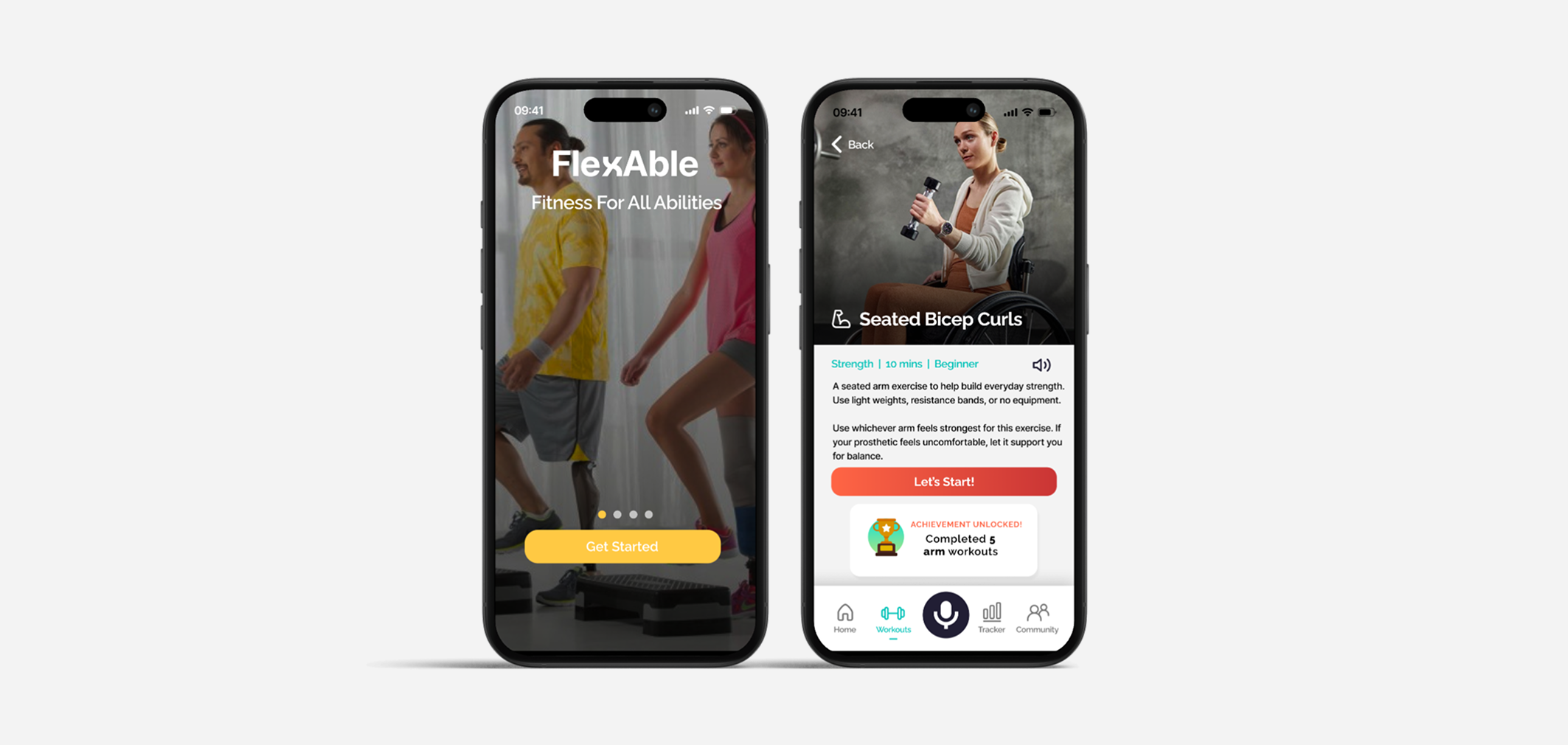 Flexable project overview with two mobile mockups of the redesigned interface showing the entry page and exercise screen.
