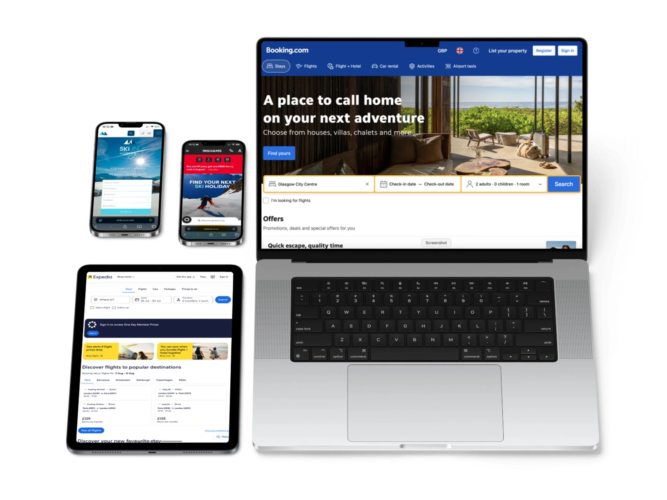 Competitor analysis for Arctic Travels project showing screenshots of travel websites (Booking.com, Expedia, Inghams, Ski in Luxury) on desktop, tablet, and mobile, alongside a comparison table