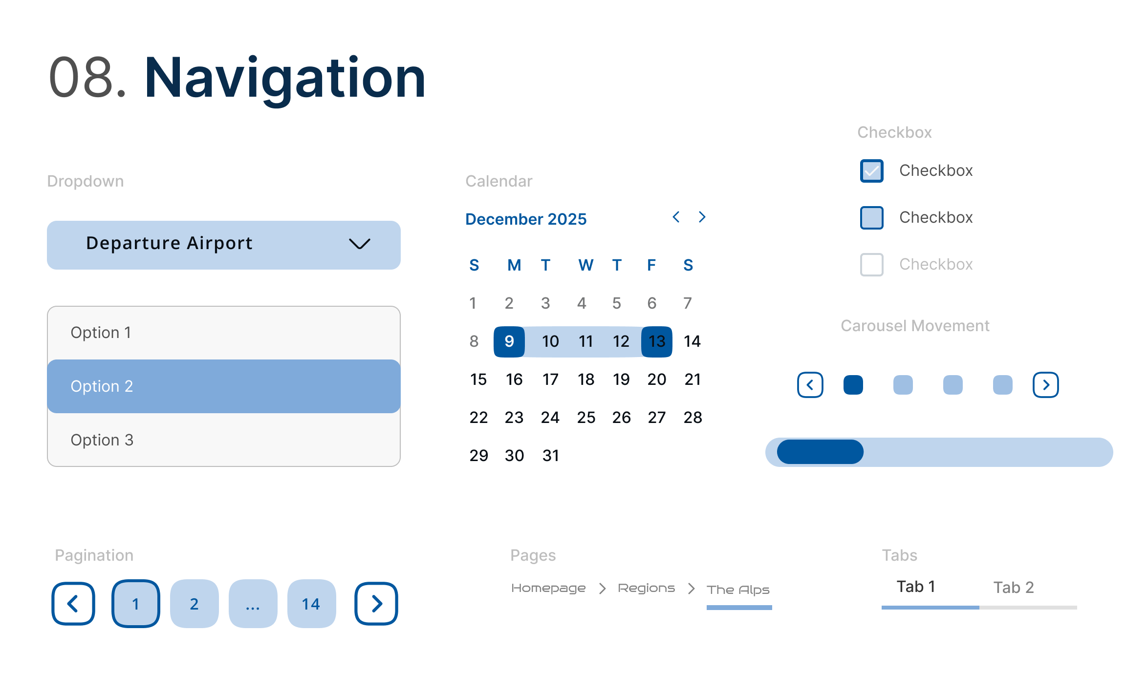 Navigation components including drop downs, calendars, pagination, checkboxes, carousels, and tab layouts.