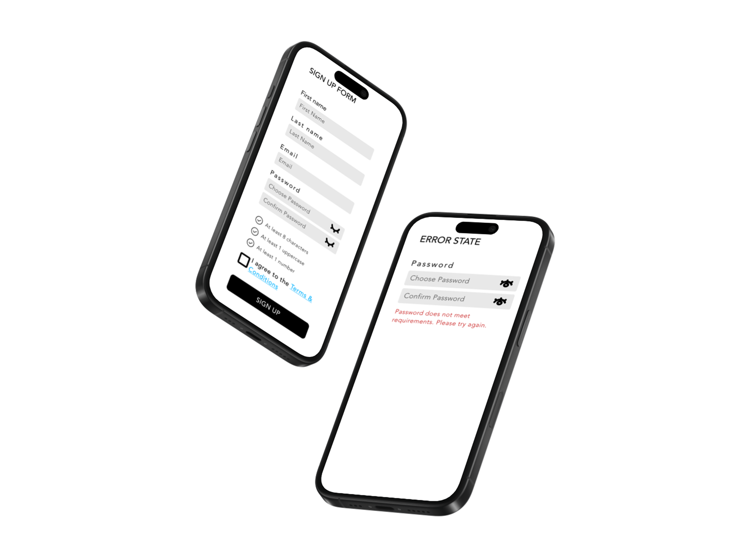 Mobile screens show error state with inline validation, password strength indicator, and show/hide toggle.