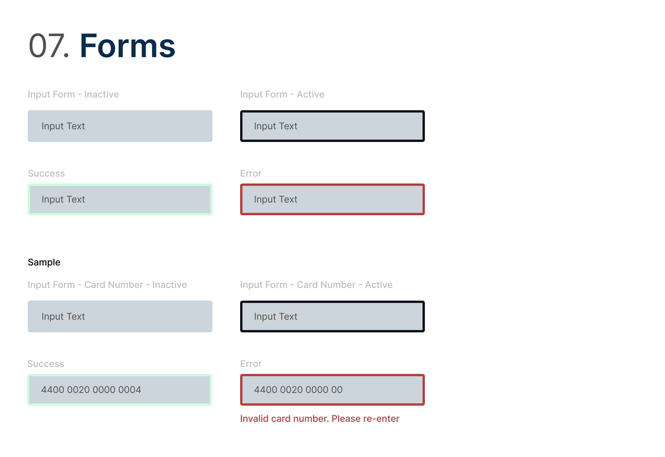 Form input states for inactive, active, success, and error, including card number validation.