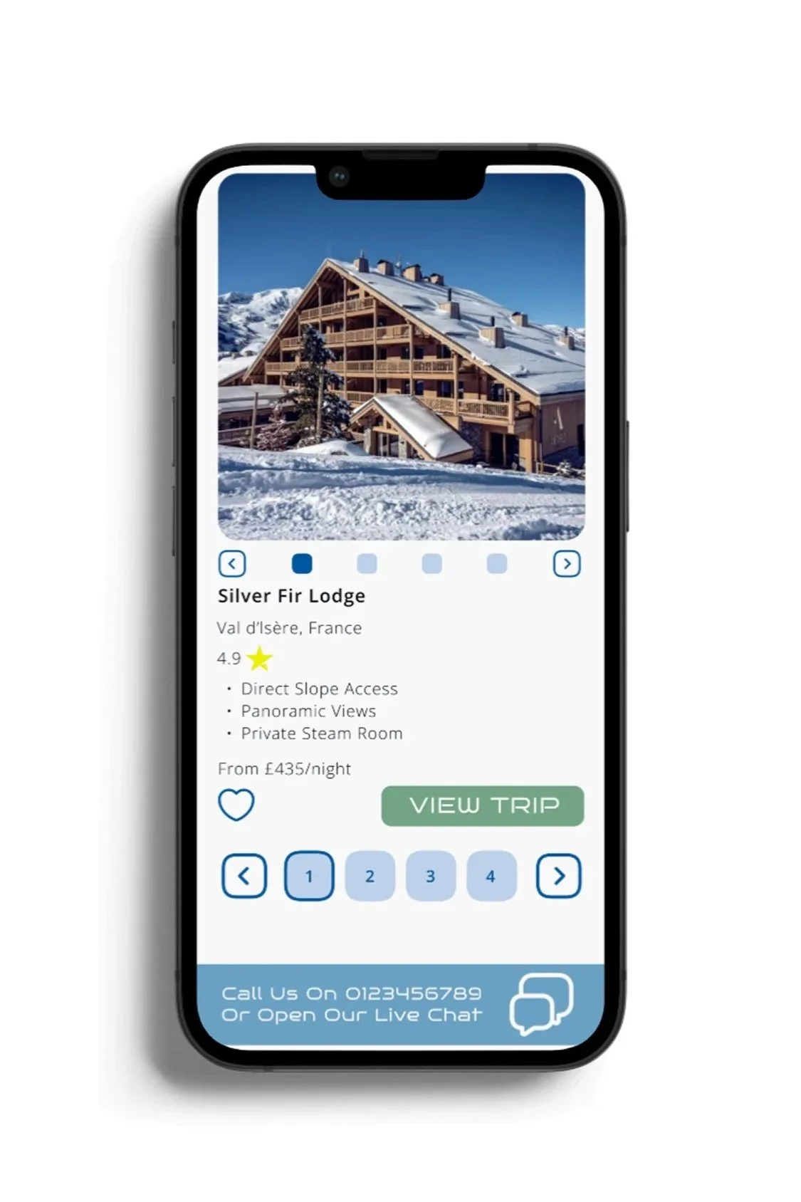 High-fidelity mobile mockups of Arctic Travels ski booking platform highlighting key features - Chat Box Support.