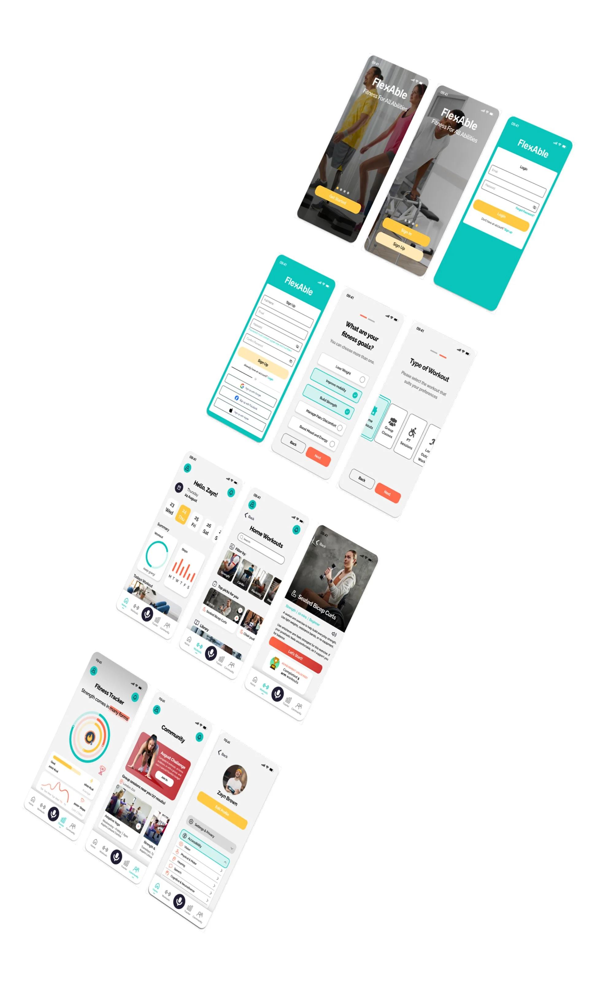 Mockups of FlexAble fitness app showing homepage, fitness tracker, onboarding, and community screens, highlighting final cohesive UI design.