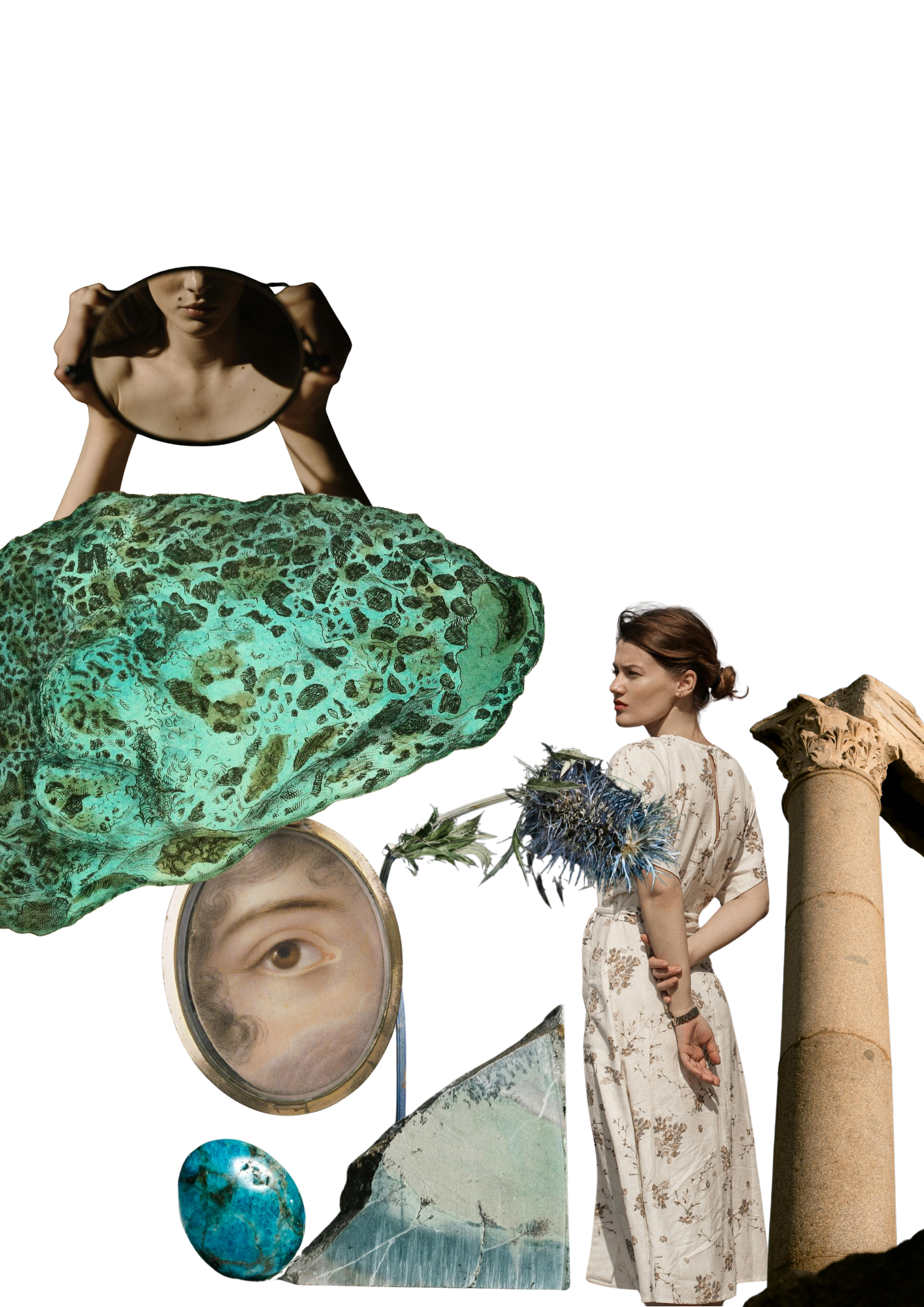 A collage featuring a woman in a floral dress holding a bouquet of thistles, a woman with brown hair tied back found near vintage columns, a close-up of a human eye, stones, and a piece of fabric, among other objects.