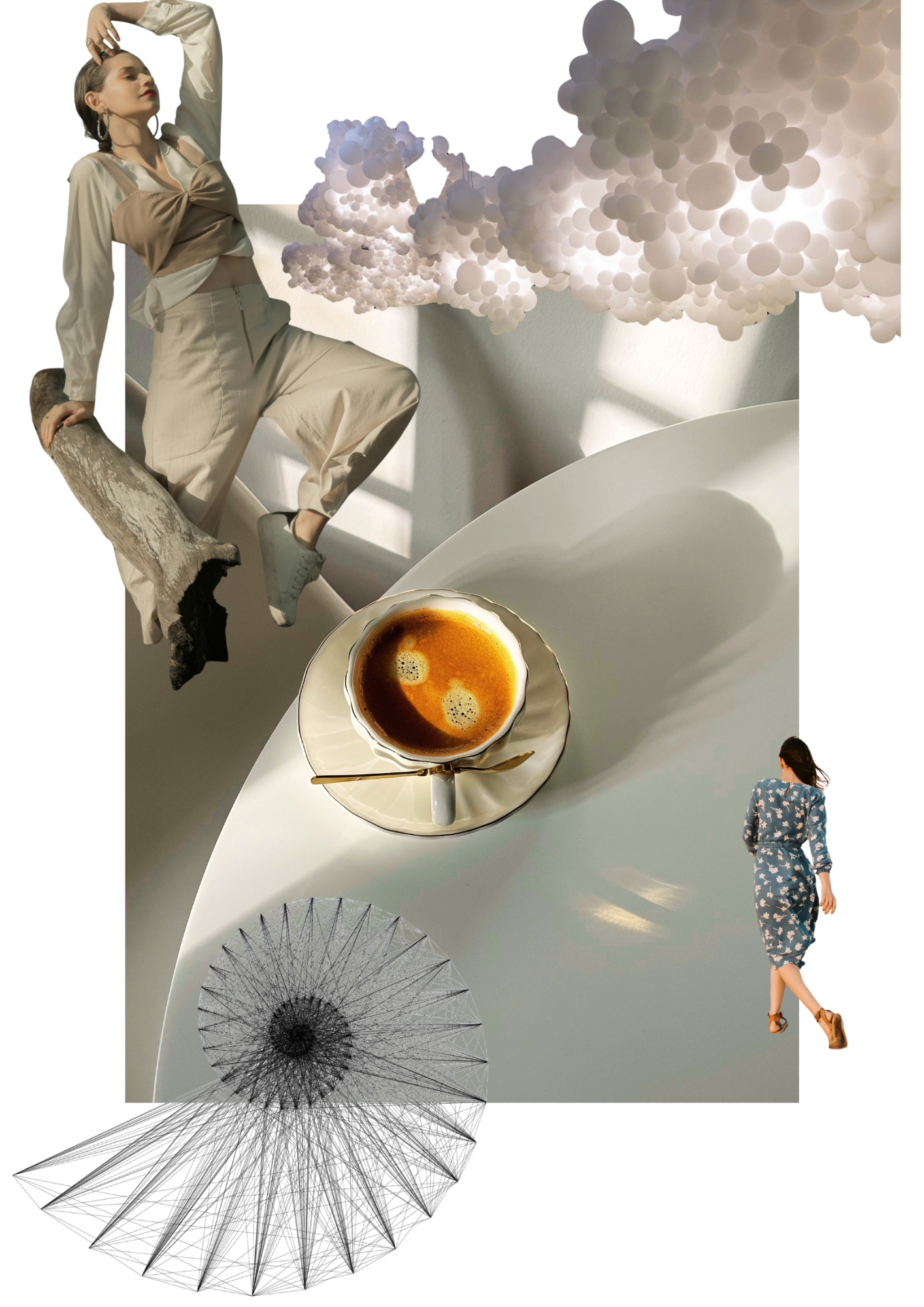 A woman in beige pants and a beige and cream top sitting on a tree branch, a large cloud-like sculpture made of white spheres, a cup of coffee on a white table, and a woman in a patterned dress walking away.