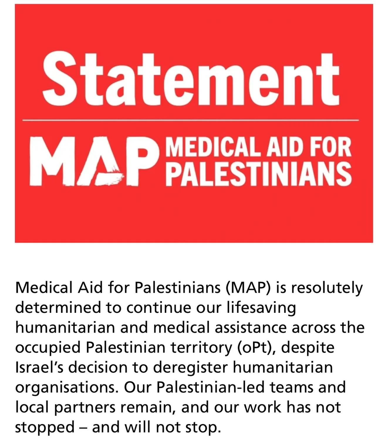 On Thursday, @medicalaidpal&rsquo;s Noor Peracha is coming to Hoxton Hall to speak about MAP&rsquo;s ongoing life-saving work in Palestine.

From MAP&rsquo;s statement on 31/12:
&ldquo;MAP is one of more than 35 international NGOs that has been infor