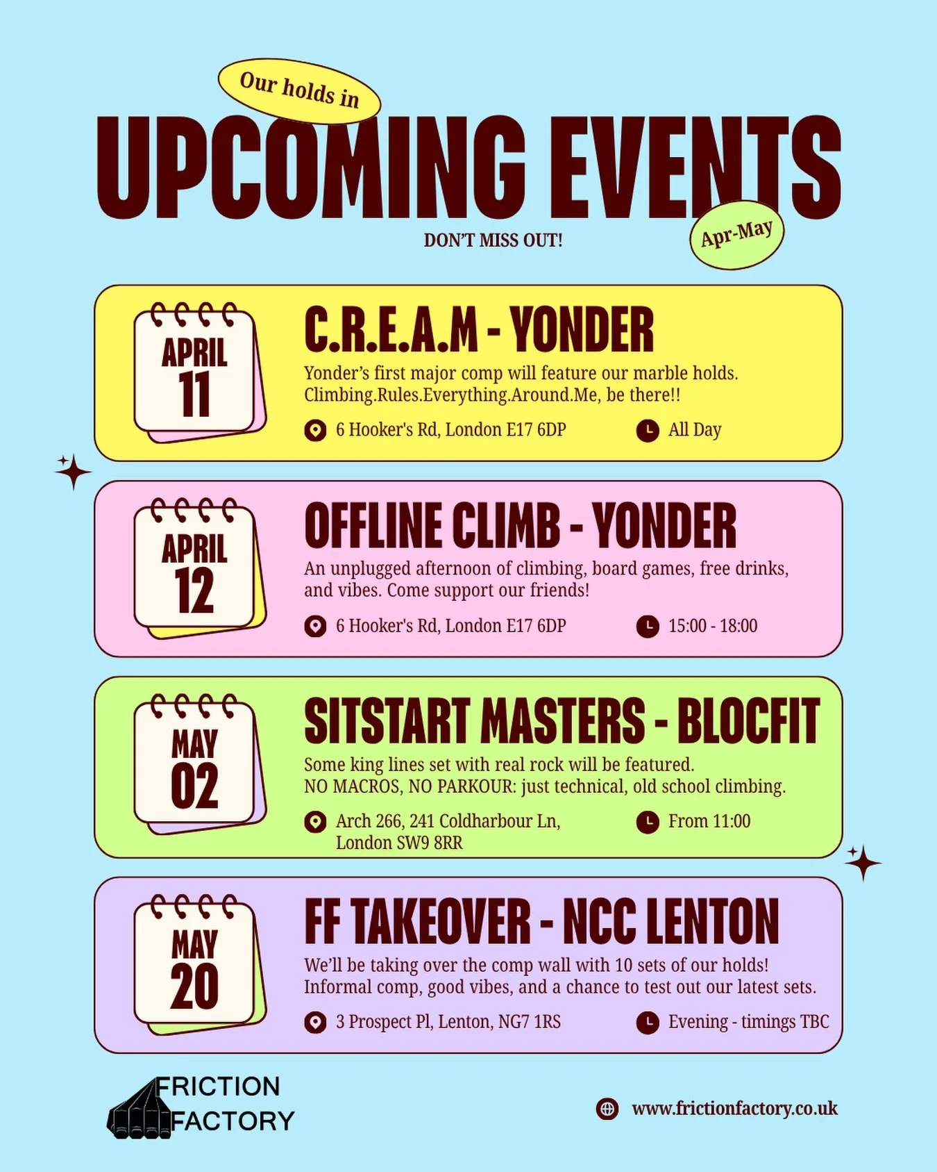 NOT APRIL FOOLS!! Our holds are going to be at some pretty awesome events coming up soon, you don&rsquo;t want to miss out! 

Big thanks to @jakermason @yonder.climbing @blocfit @nottinghamclimbing.lenton for the support ❤️

#climbing #competitioncli