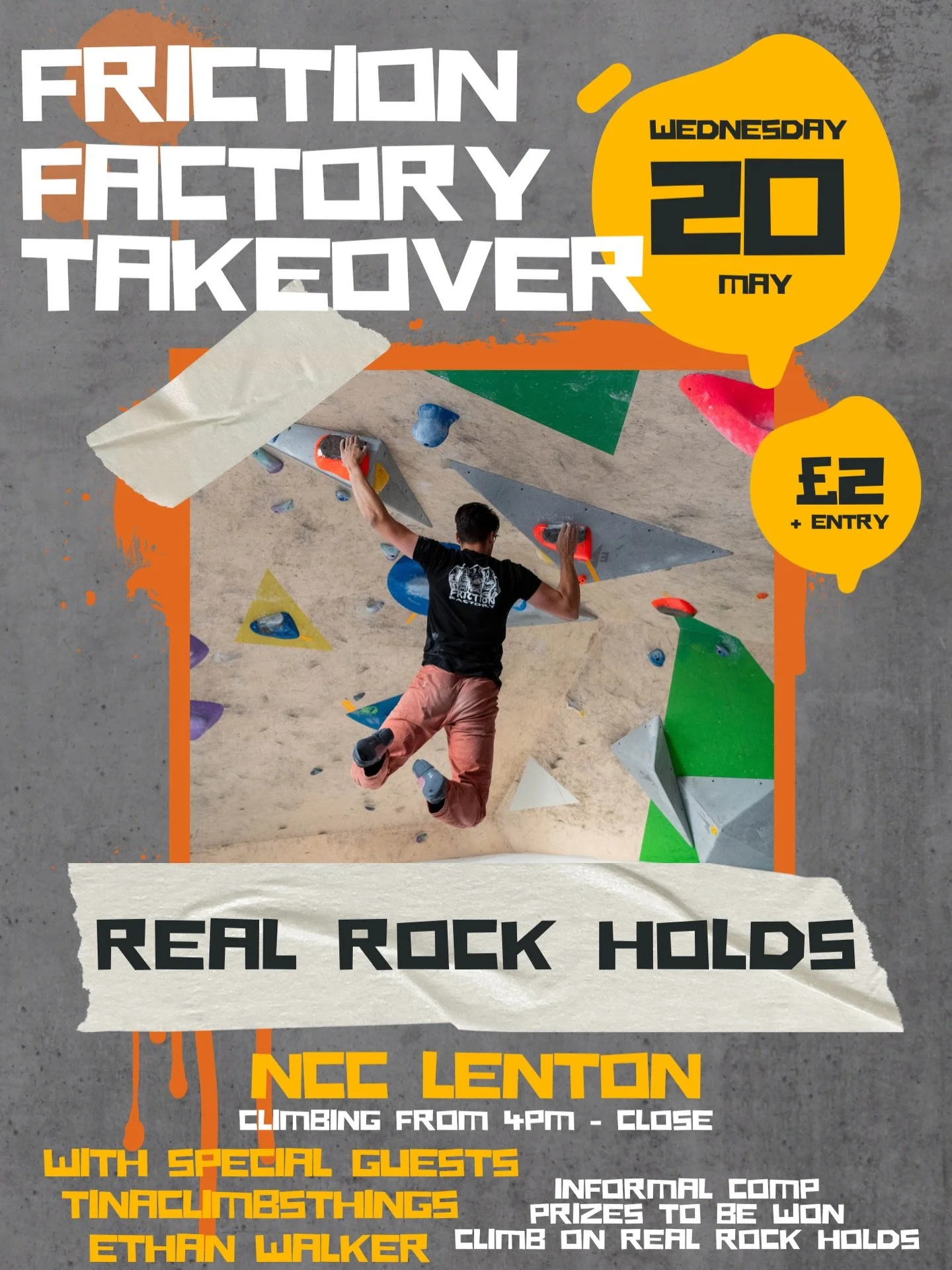 🚨 ATTENTION 🚨: Friction Factory are taking over the comp wall at @nottinghamclimbing.lenton on the 20th of May! Come and join us for an old school evening on a load of real rock boulders 🤩

We&rsquo;ll have @tinaclimbsthings and @ethan_climb down 