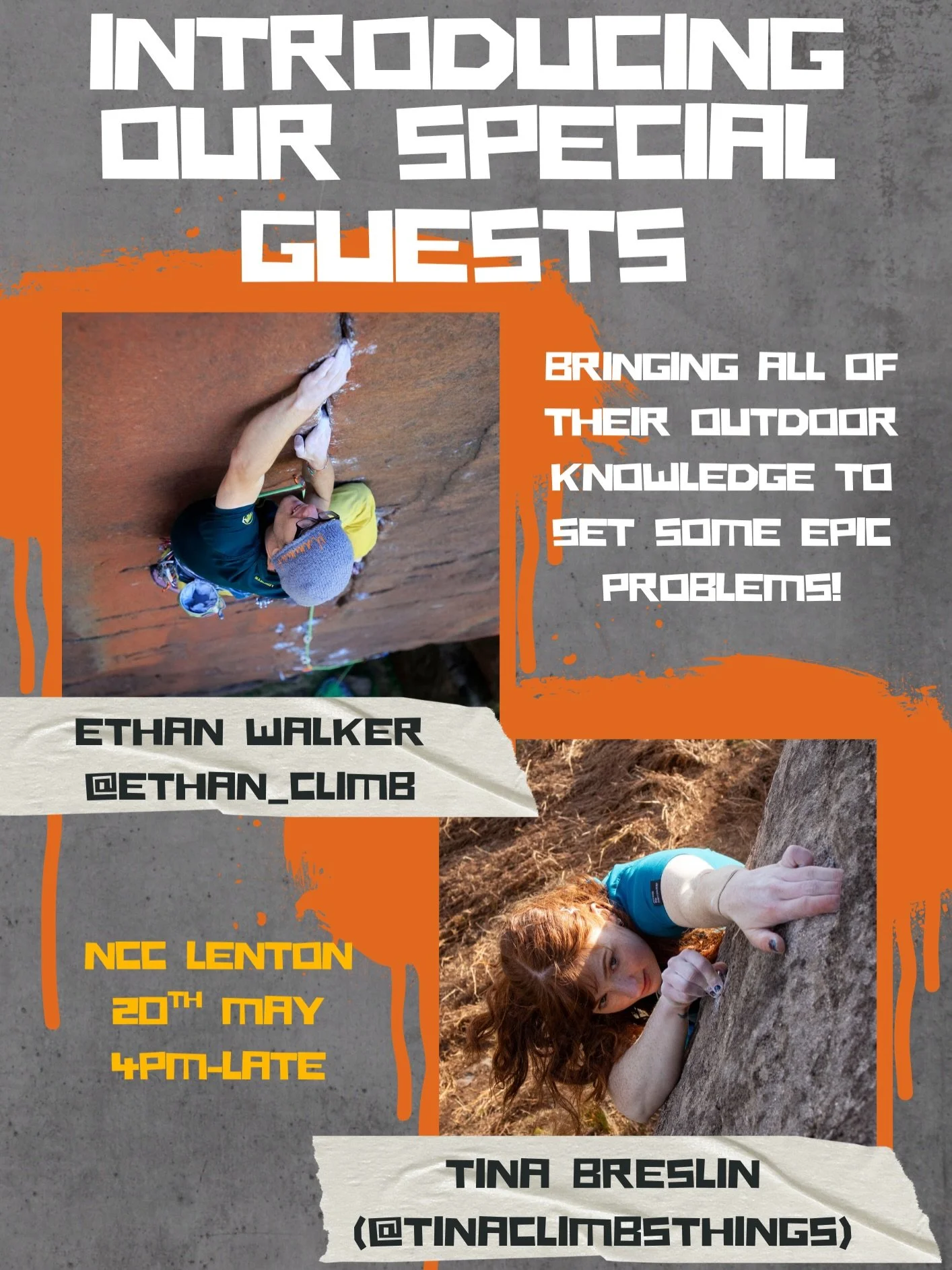 Attention Nottingham - these wonderful people will be setting some absolute corkers for you! @tinaclimbsthings @ethan_climb @nottinghamclimbing.lenton 

Come down to NCC Lenton on the 20th of May from 4pm to see what they can come up with on a range 