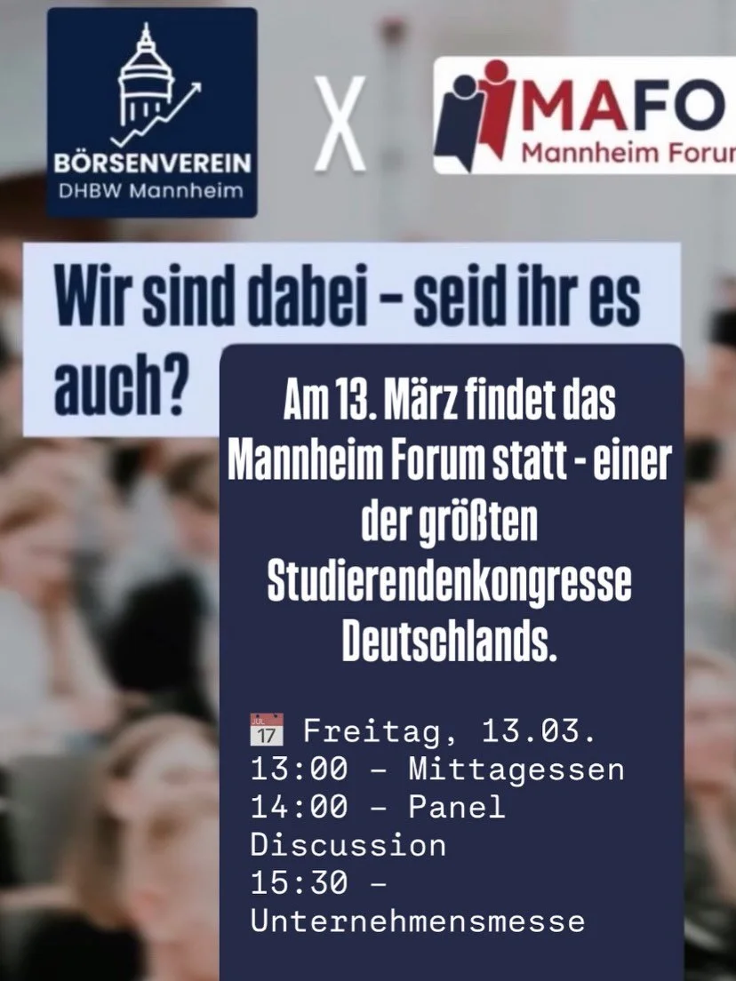 🚀 Wir sind beim MaFo 2026 dabei!

Am 13. M&auml;rz findet mit dem Mannheim Forum einer der gr&ouml;&szlig;ten Studierendenkongresse Deutschlands statt &ndash; und wir sind nat&uuml;rlich mit dabei.

Freut euch auf spannende Panel Discussions, die Un