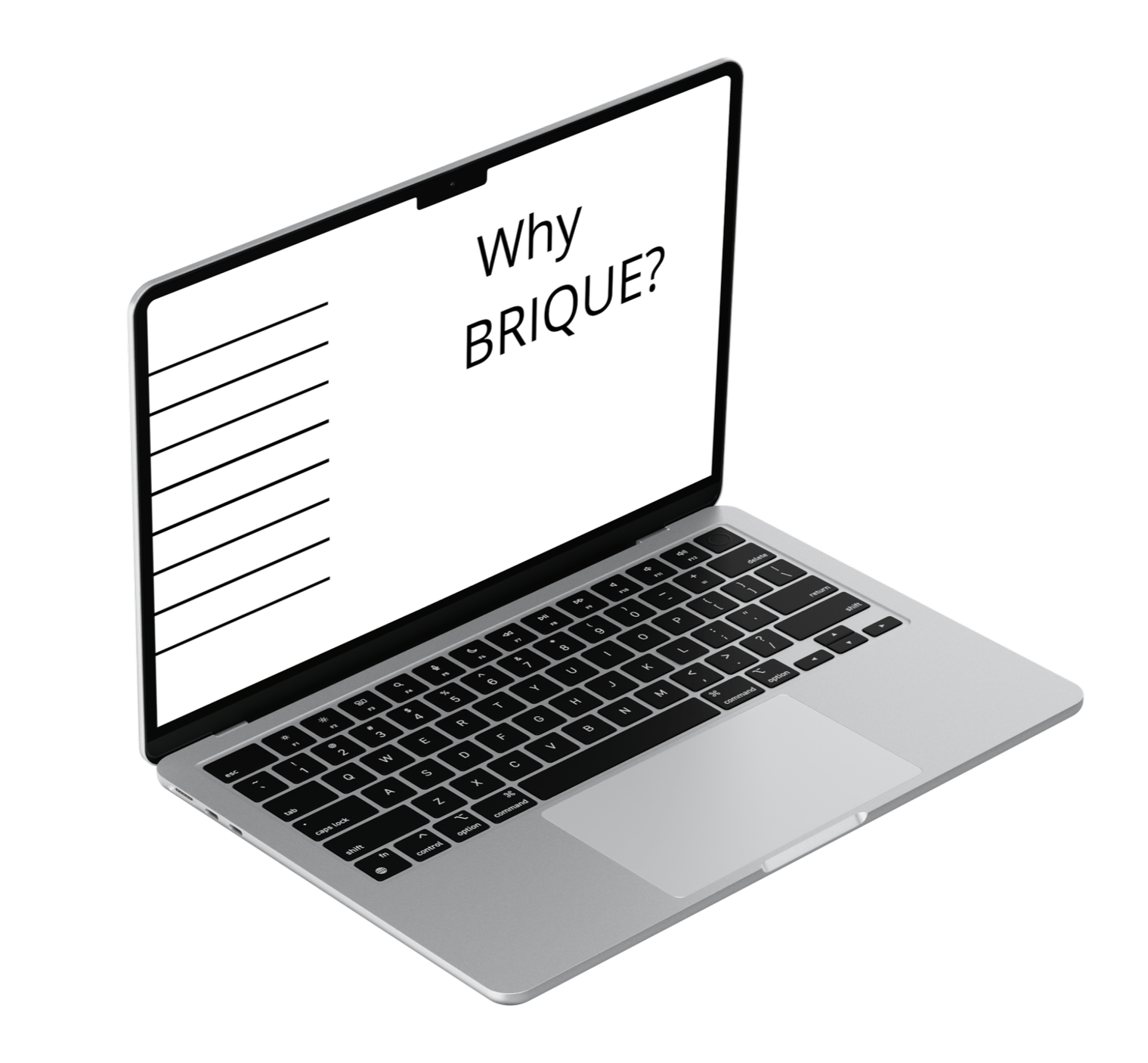 Laptop met een presentatie op het scherm met de tekst 'Waarom BRIQUE?'