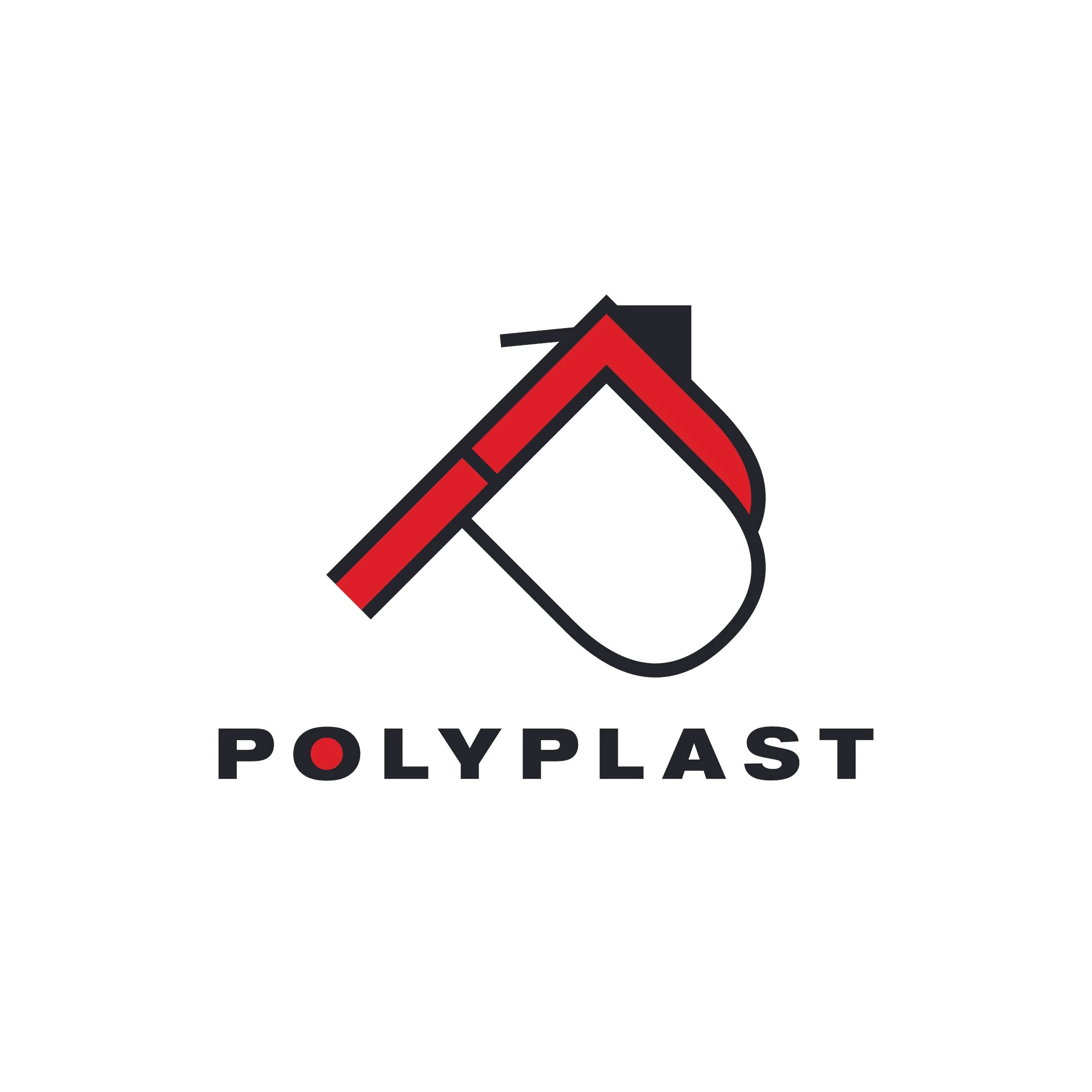 Logo van Polyplast met een huis- en gereedschapssymbool in zwart en rood en de tekst 'POLYPLAST' onderaan.