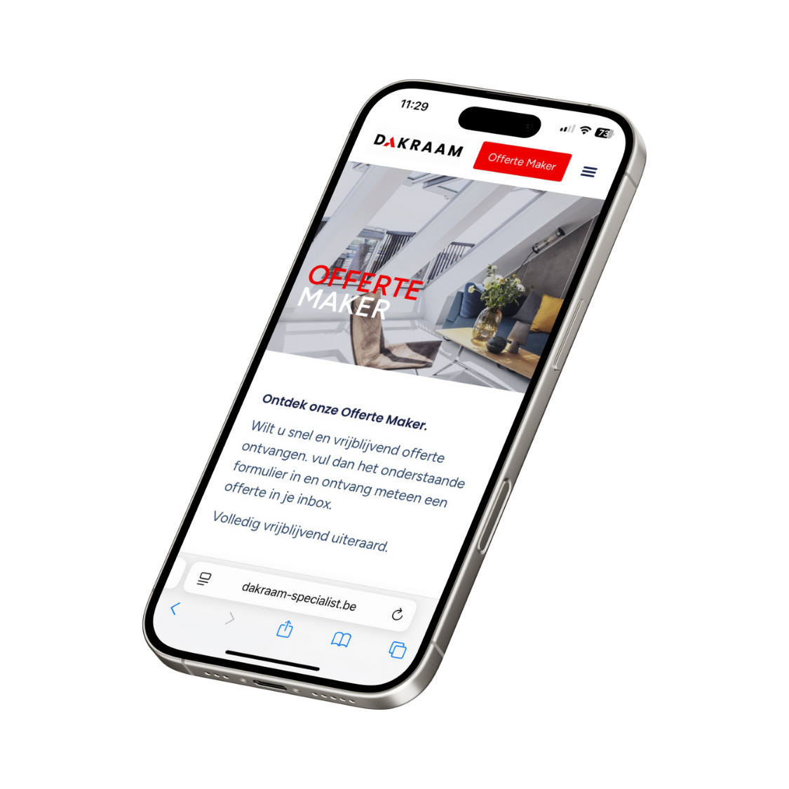 Een smartphone met een website open die advertentie voor offertes aanbiedt in het Nederlands, met een foto van een modern interieur met meubels en bloemen.