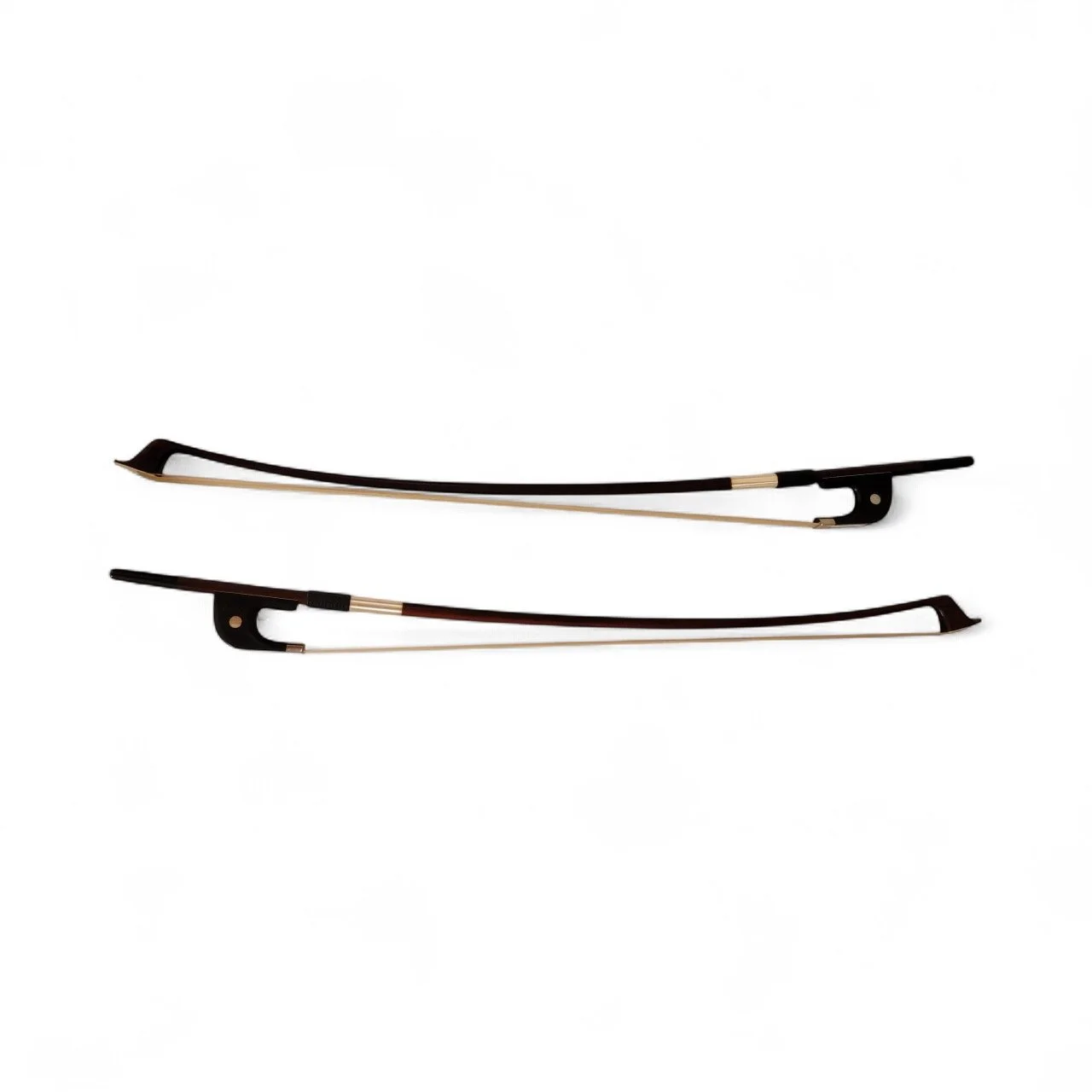 Two electric violins with black bodies and white strings, no bows included.