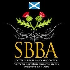 Logo of the Scottish Brass Band Association featuring a Scottish flag, floral design, and the text SBBA.