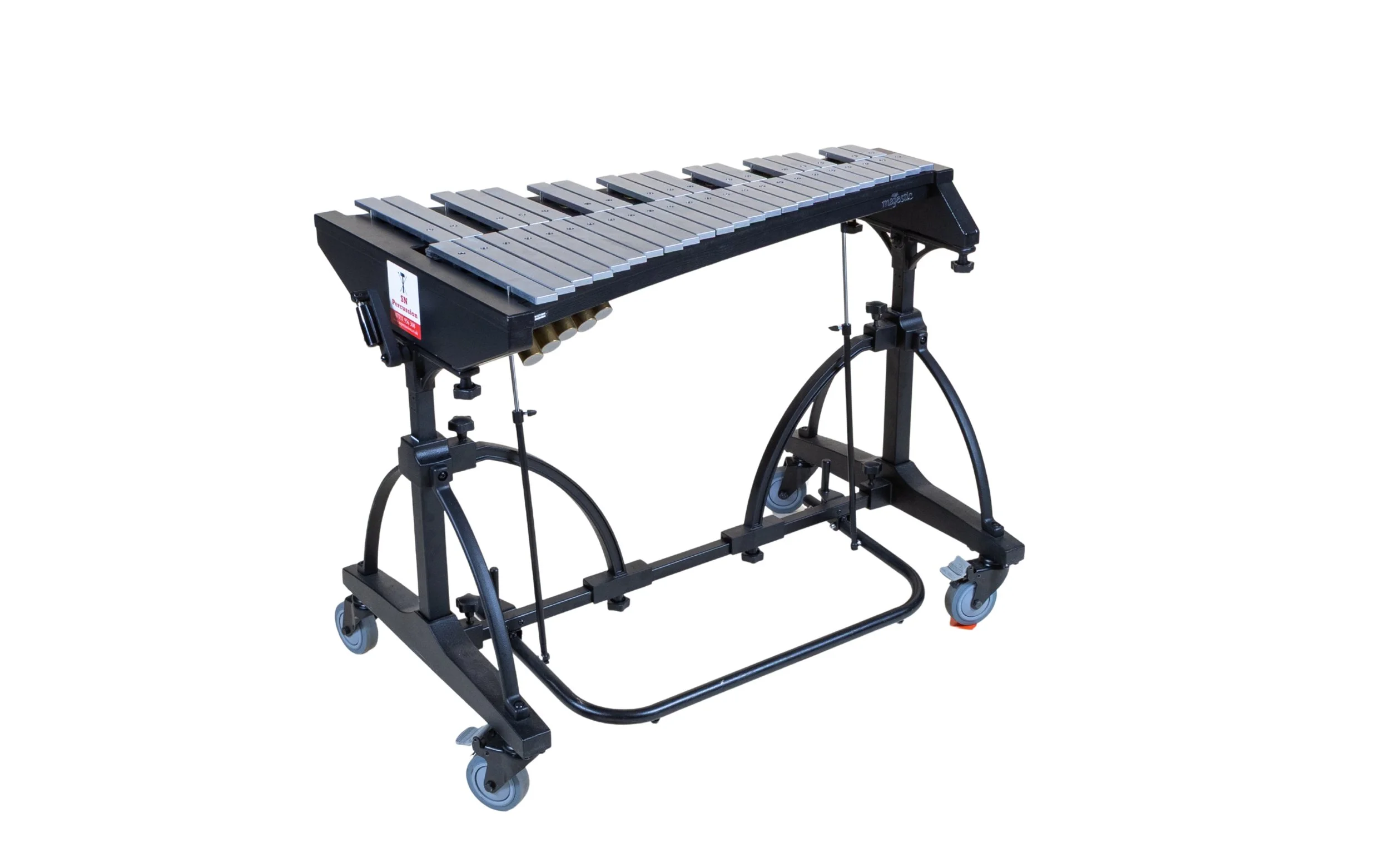 Electronic xylophone with metal bars and mallets on a black wheeled stand.