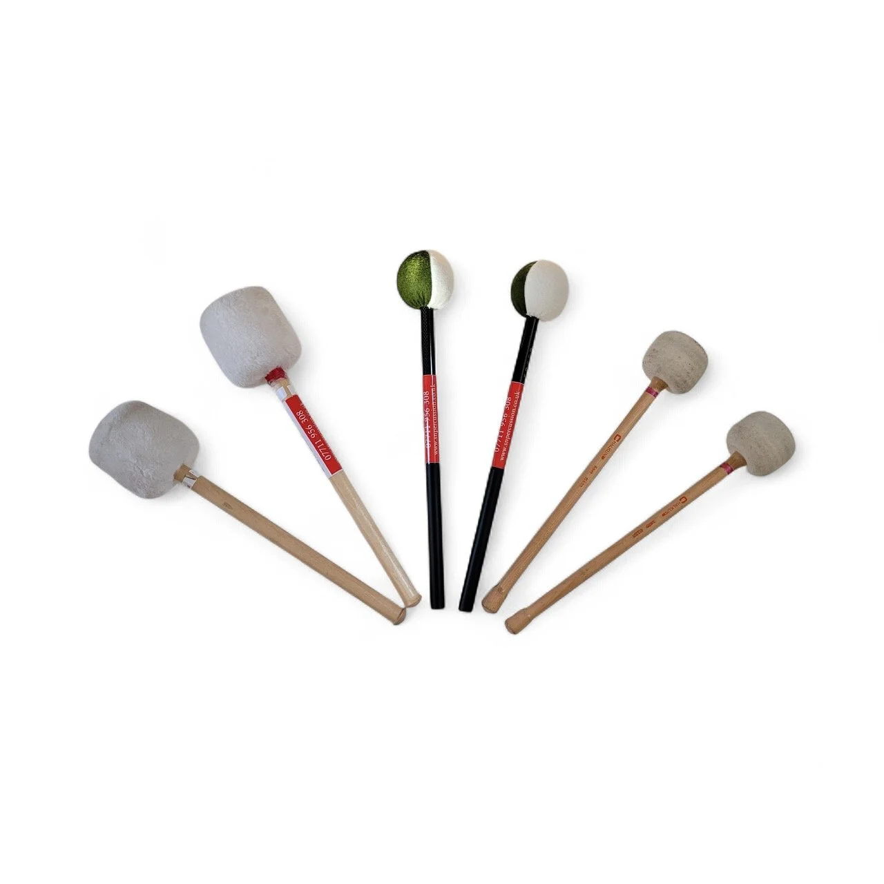 Set of six mallets with wooden and rubber heads, arranged in a semi-circle