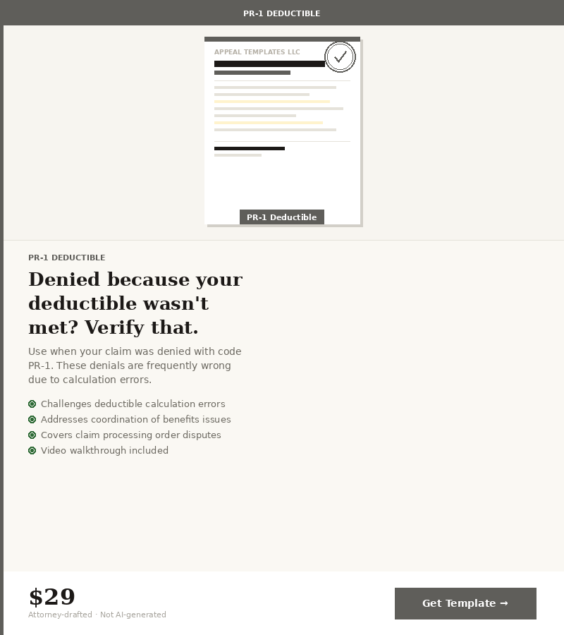 PR-1 Deductible Denial Appeal Letter Template — Attorney-Drafted