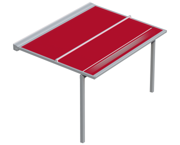 Tischtennisplatte mit roter Spielfläche und weißen Linien, mit Metallbeinen.