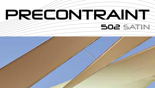 Logo mit dem Text "PRECONTRAIN 502 SATIN" auf weißem Hintergrund, darunter geometrische bunte Formen.